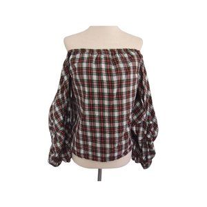 Petersyn Women Off the Shoulder Top S Tartan Plaid Long Puff Sleeve Boxy Flannel